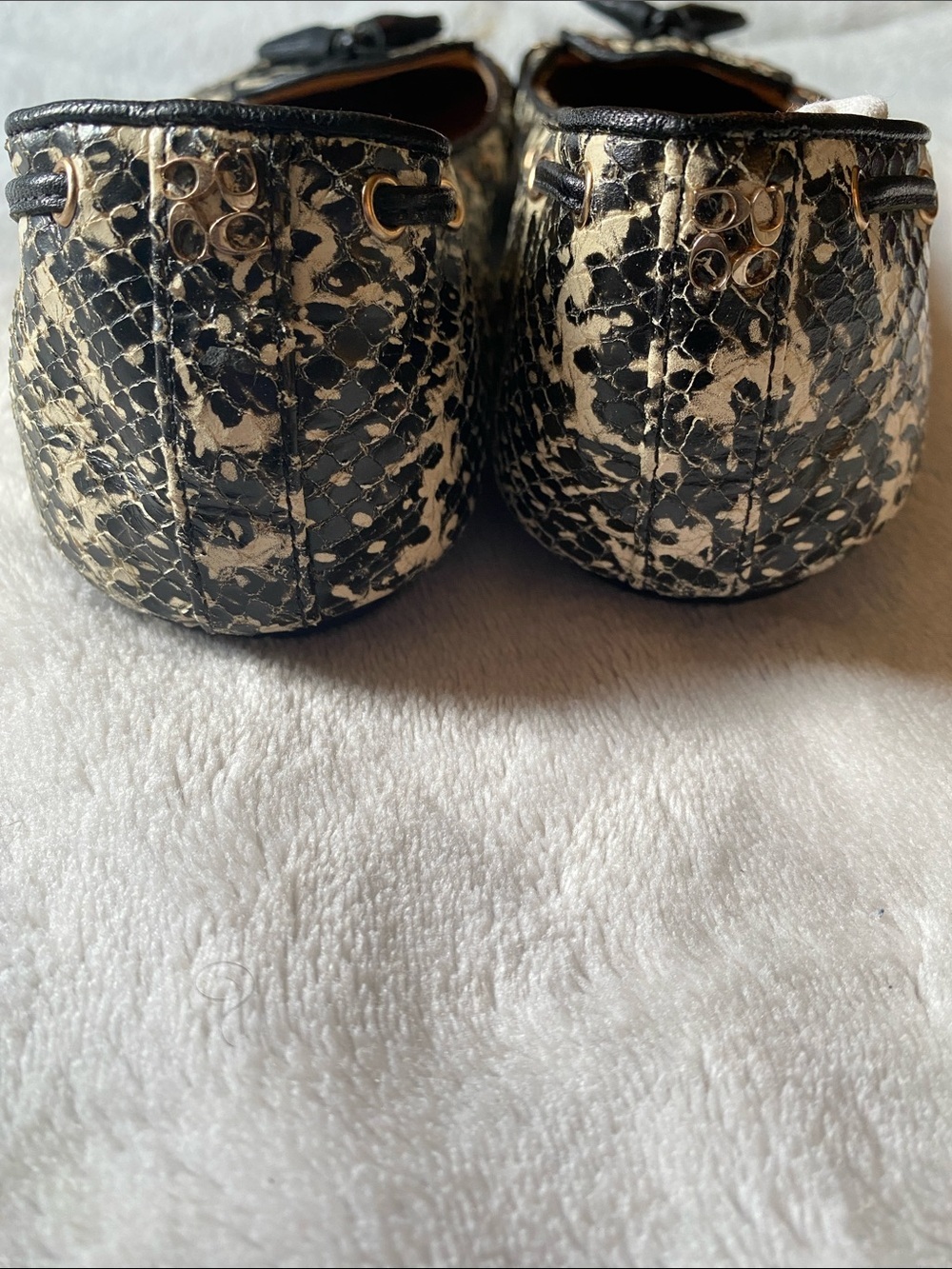 Coach Snake Skin Tassel Loafers in Black and Cream - Picture 2 of 4